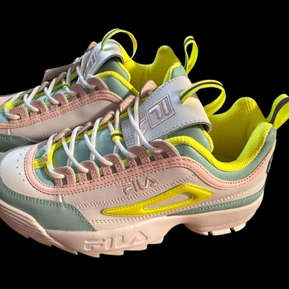 New, Fila Disruptor II Premium (Big Kid) White/Safety Yellow/Blue, Size 6 - Picture 14 of 14